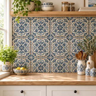 Elegant Blue Floral - Portuguese Azuljo Design Ceramic Tile