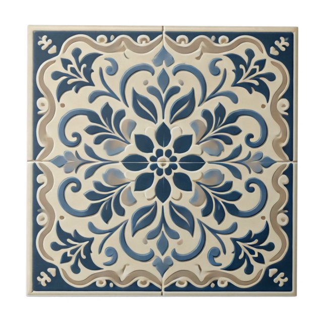 Elegant Blue Floral - Portuguese Azuljo Design Ceramic Tile (Front)