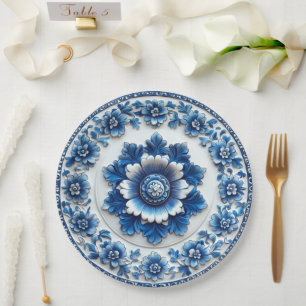 Elegant Blue Floral Pottery Inspired Paper Plates