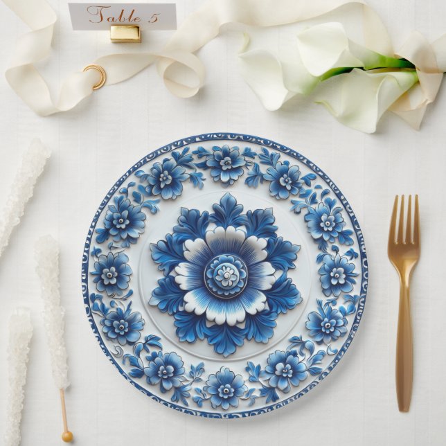 Elegant Blue Floral Pottery Inspired Paper Plates (Wedding)