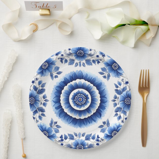 Elegant Blue Floral Pottery Inspired Paper Plates (Wedding)