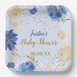Elegant Blue Floral Pumpkin Baby Shower Paper Plates