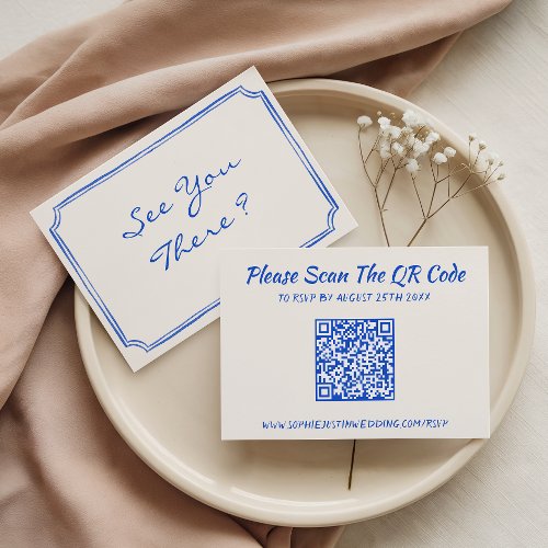 Elegant Blue Floral QR Code Wedding RSVP Card
