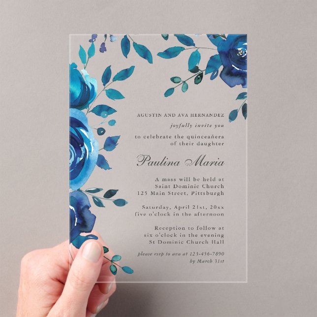 Elegant Blue Floral Quinceañera Acrylic Invitations (Insitu (Handheld))