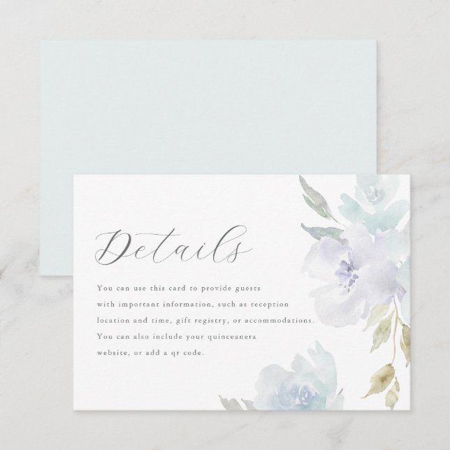 Elegant Blue Floral Quinceanera Guest Details RSVP Card (Front/Back)