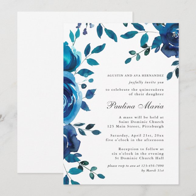 Elegant Blue Floral Quinceañera Invitation (Front/Back)