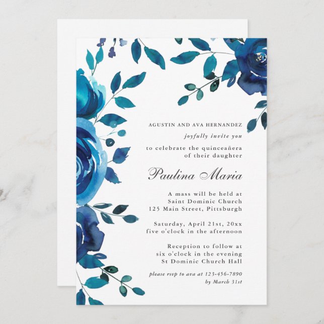 Elegant Blue Floral Quinceañera Invitation (Front/Back)