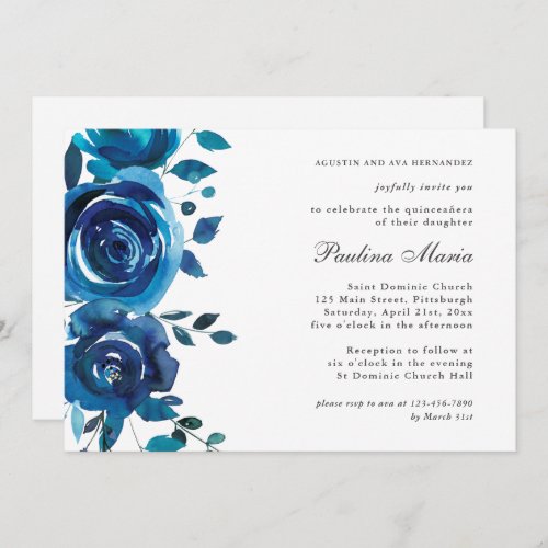 Elegant Blue Floral Quinceaera Invitation