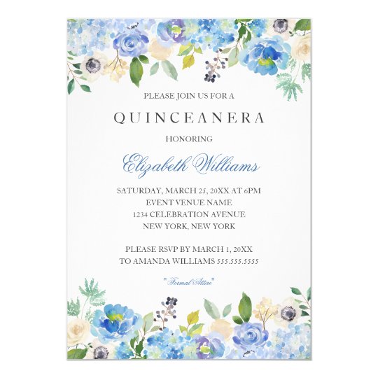 Elegant Blue Floral Quinceanera Invitation