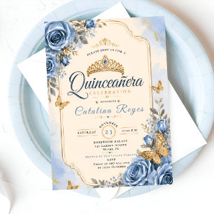 Elegant Blue Floral Quinceañera Invitation