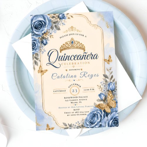 Elegant Blue Floral Quinceañera Invitation