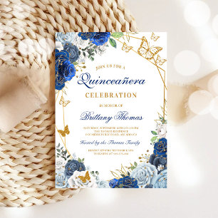 Elegant Blue Floral Quinceañera Invitation
