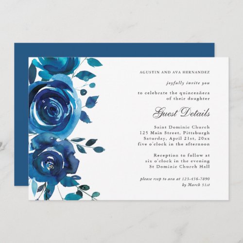 Elegant Blue Floral Quinceaera Invitation