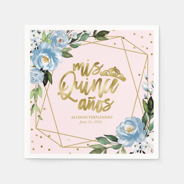 Elegant Blue Floral Quinceanera Napkins (Front)