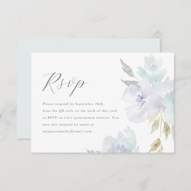 Elegant Blue Floral Quinceanera QR Code RSVP (Front/Back)