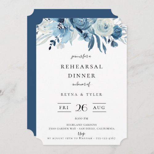 Elegant Blue Floral Rehearsal Dinner Invitation
