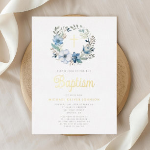 Elegant Blue Floral Religious Boy Baptism Foil Invitation
