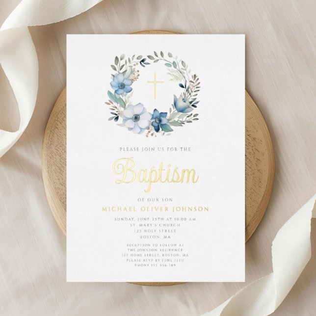 Elegant Blue Floral Religious Boy Baptism  Foil Invitation (Elegant Blue Floral Religious Boy Baptism Foil Invitation)
