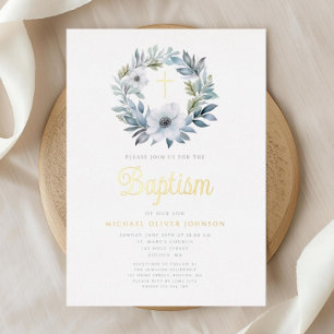 Elegant Blue Floral Religious Boy Baptism Foil Invitation