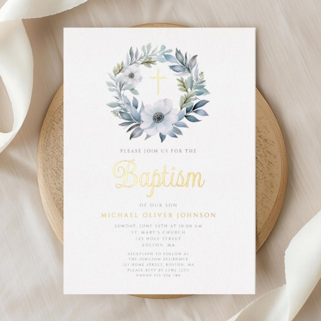 Elegant Blue Floral Religious Boy Baptism  Foil Invitation (Elegant Blue Floral Religious Boy Baptism Foil Invitation)