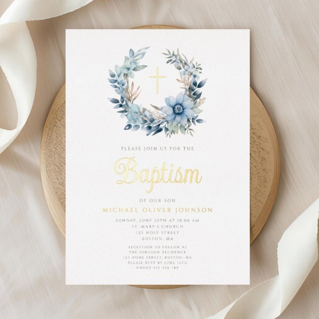 Elegant Blue Floral Religious Boy Baptism Gold Foil Invitation (Elegant Blue Floral Religious Boy Baptism Gold Foil Invitation)