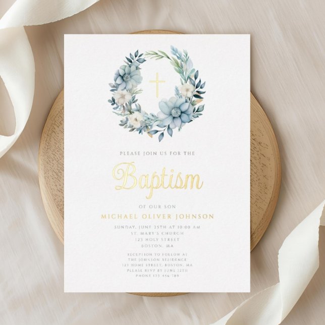 Elegant Blue Floral Religious Boy Baptism Gold Foil Invitation (Elegant Blue Floral Religious Boy Baptism Gold Foil Invitation)