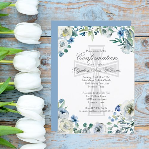 Elegant Blue Floral Religious Confirmation Invitation