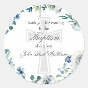 Elegant Blue Floral Religious Cross Baptism Classic Round Sticker