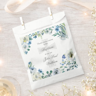Elegant Blue Floral Religious Cross Baptism Favor Bag