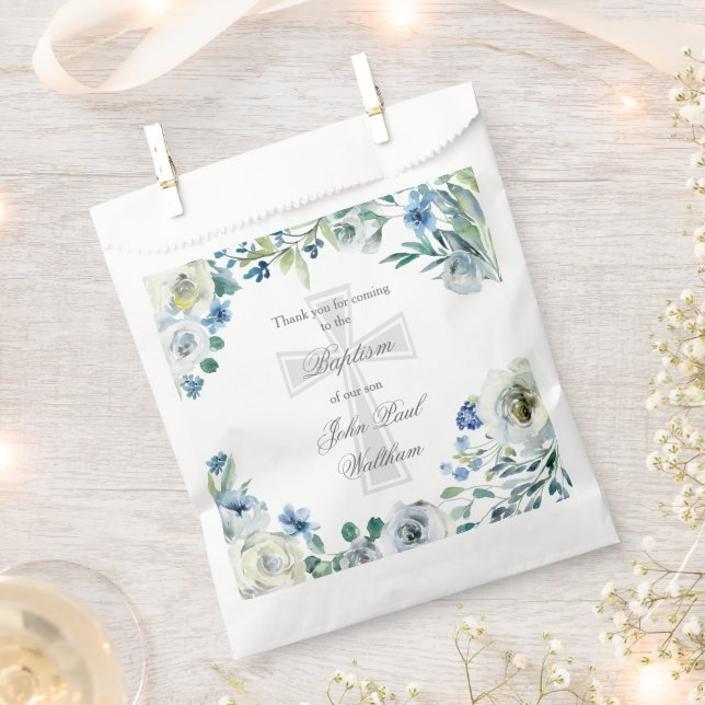 Elegant Blue Floral Religious Cross Baptism Favor Bag (Clipped)