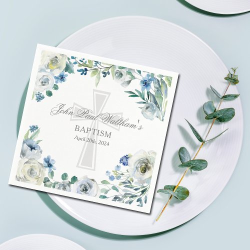 Elegant Blue Floral Religious Cross Baptism