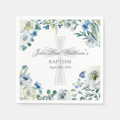 Elegant Blue Floral Religious Cross Baptism Napkins