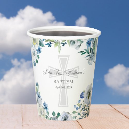 Elegant Blue Floral Religious Cross Baptism Paper Cups