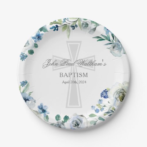 Elegant Blue Floral Religious Cross Baptism Paper Plates