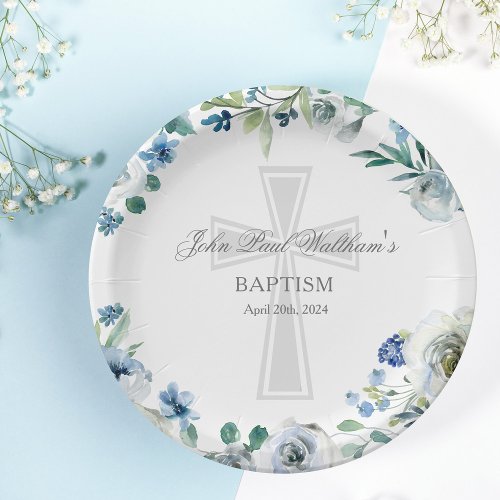 Elegant Blue Floral Religious Cross Baptism Paper Plates