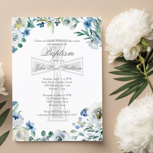 Elegant Blue Floral Religious Cross Baptism Postcard