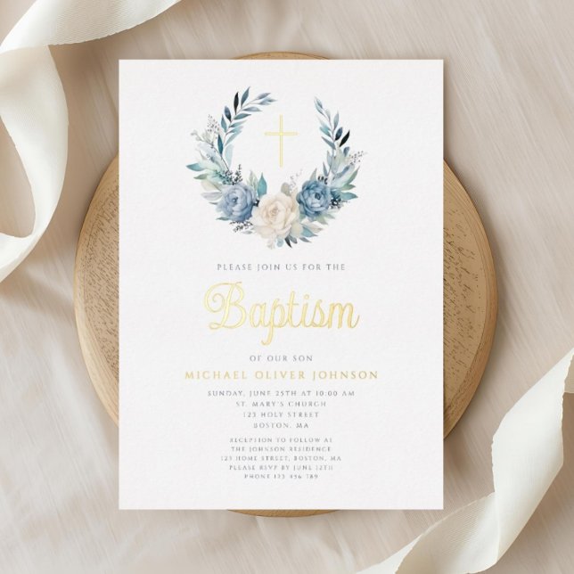 Elegant Blue Floral Religious Cross Boy Baptism Foil Invitation (Elegant Blue Floral Religious Cross Boy Baptism Foil Invitation)