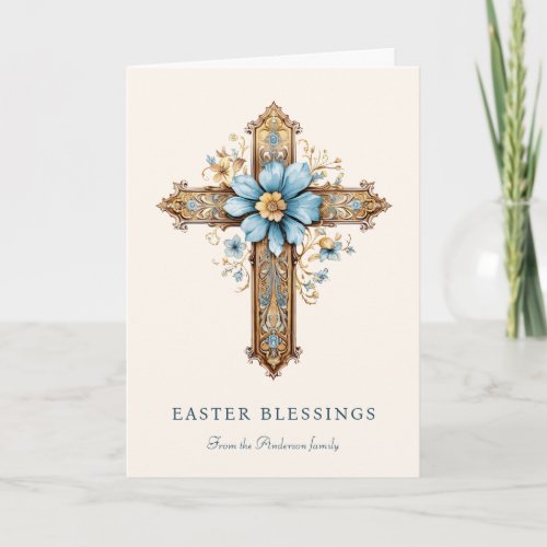 Elegant Blue Floral Religious Easter Blessings Holiday Card