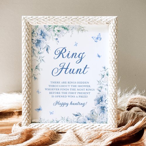 Elegant Blue Floral Ring Hunt Bridal Shower Game Poster