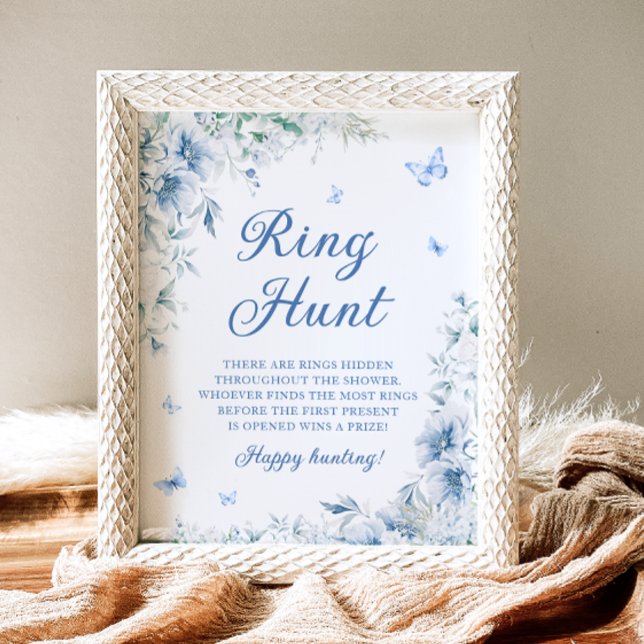 Elegant Blue Floral Ring Hunt Bridal Shower Game Poster (Creator Uploaded)