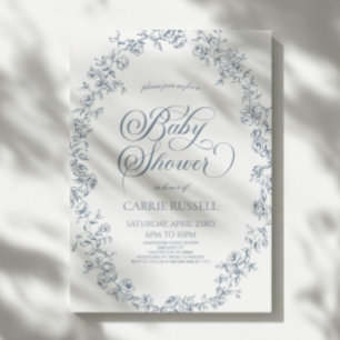 Elegant Blue Floral Roses Line Art Baby Shower Invitation