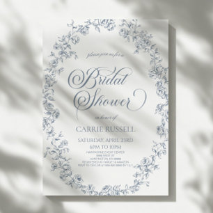 Elegant Blue Floral Roses Line Art Bridal Shower Invitation