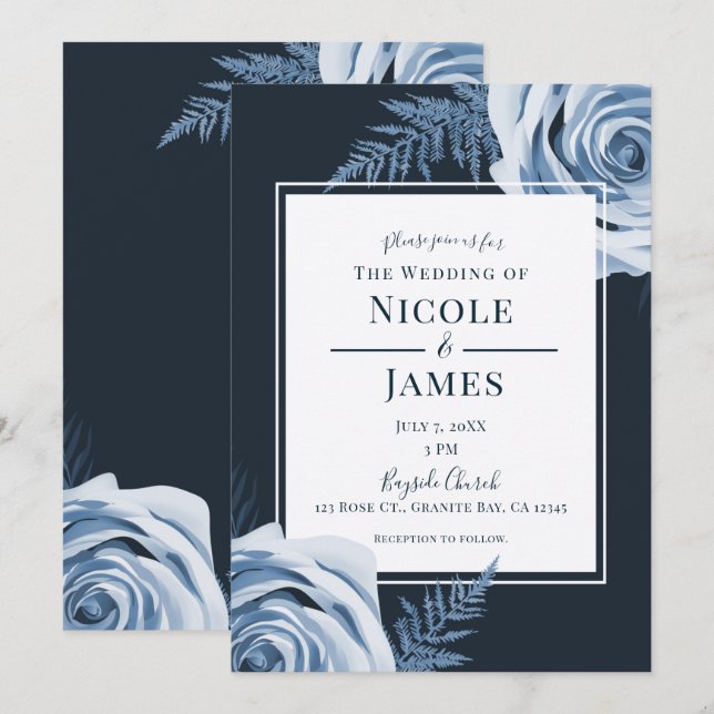 Elegant Blue Floral Roses Shabby Chic Wedding Invitation (Front/Back)