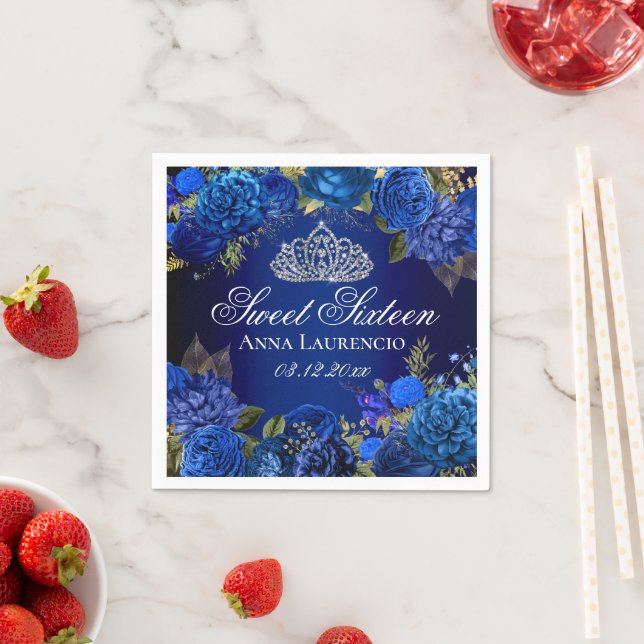 Elegant Blue Floral Roses Sweet Sixteen Birthday Napkins (Insitu)