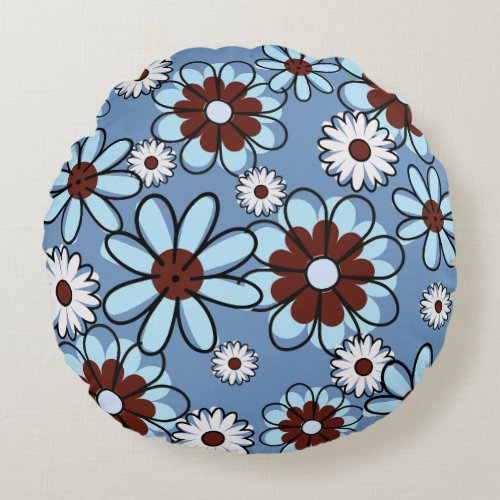 Elegant Blue Floral Round Pillow