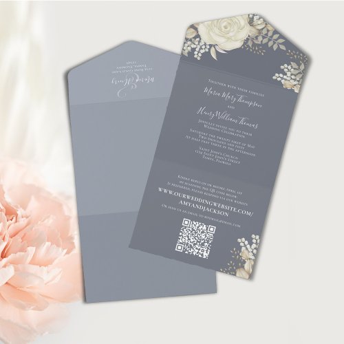 Elegant Blue Floral RSVP Wedding  All In One Invitation