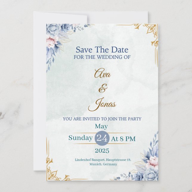 Elegant Blue Floral Save the Date Card (Front)