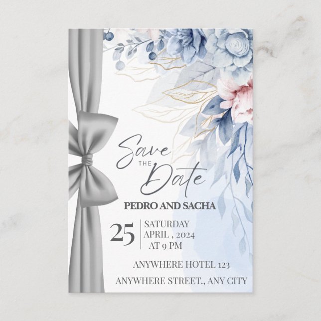 Elegant Blue Floral Save The Date Card with Silver (Front)