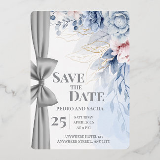 Elegant Blue Floral Save The Date Wedding Invitati Foil Invitation