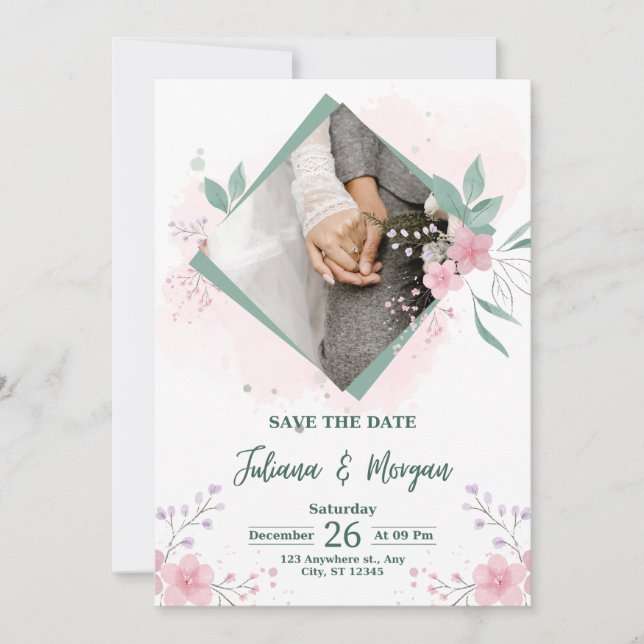 Elegant Blue Floral Save The Date Wedding Invite (Front)